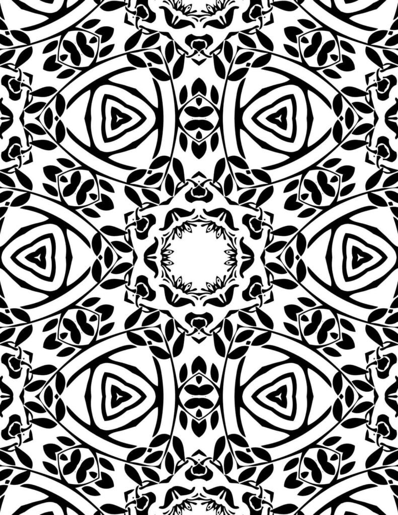 Free printable tribal-inspired mandala with bold eye motifs, organic vine patterns, and a central floral design for mindful coloring