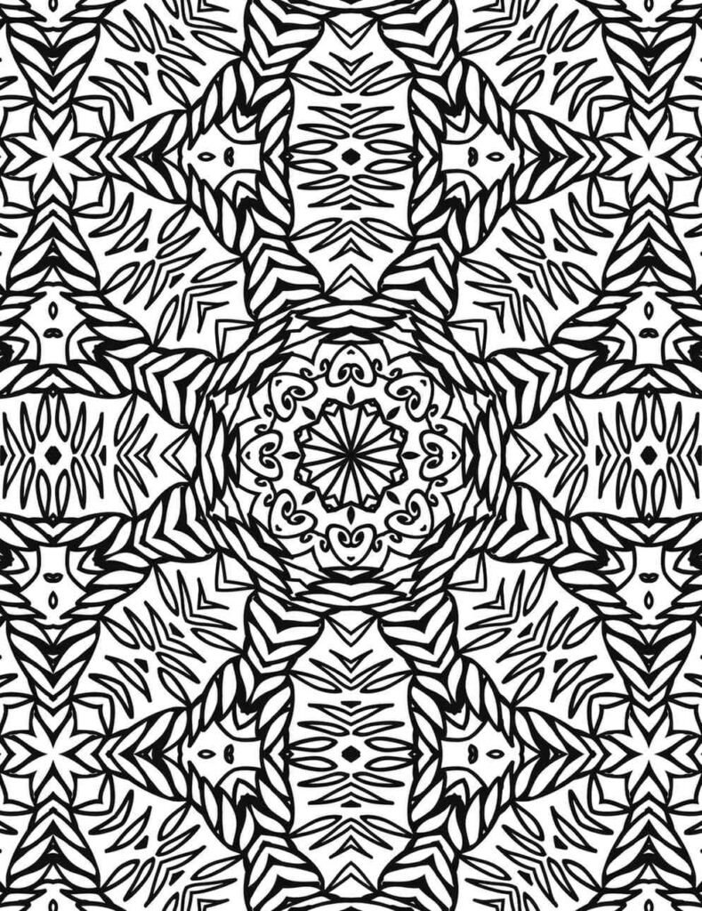 Bold tribal-inspired mandala design with geometric shapes and flowing lines, perfect for creative coloring and meditative focus.