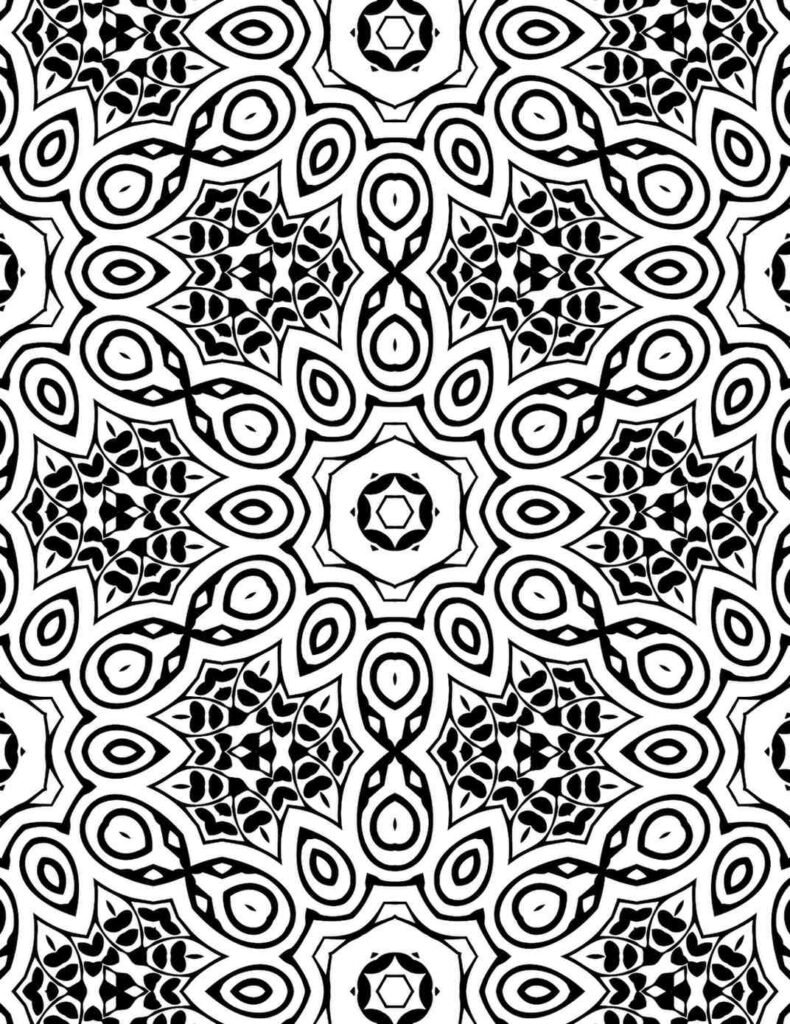 Black and white intricate tribal-inspired mandala with bold geometric shapes and delicate patterns for creative coloring.