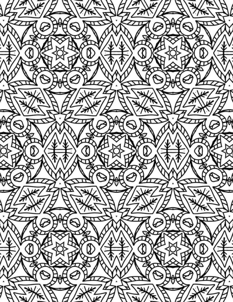 Highly intricate black and white mandala with repeating star shapes, nested diamonds, and stylized tribal leaf patterns, perfect for mindful geometric coloring.
