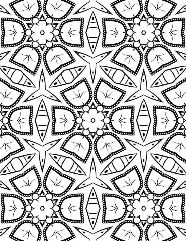 Symmetrical tribal-inspired mandala pattern with dotted starflowers and abstract geometric motifs for meditative coloring.