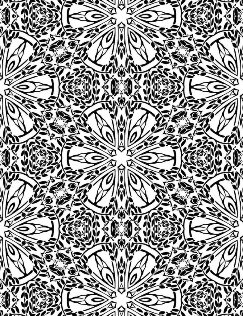 Dense black and white kaleidoscopic mandala pattern with intricate leaves and floral shapes