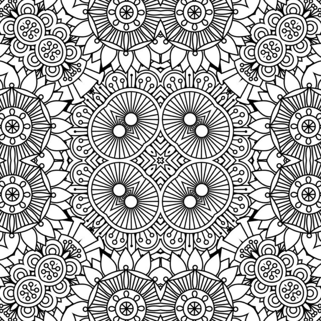 Highly detailed black and white mandala with large central wheel-like patterns, repeated floral motifs, and intricate circular elements, perfect for adult coloring and concentration.