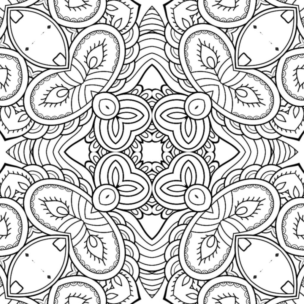 Intricate square mandala design with prominent rounded floral and teardrop patterns, ideal for mindful adult coloring and artistic expression.