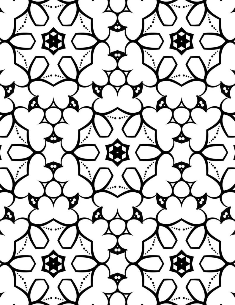 Symmetrical black and white mandala with whimsical butterfly-like shapes, delicate dotted patterns, and central star motifs for peaceful coloring.