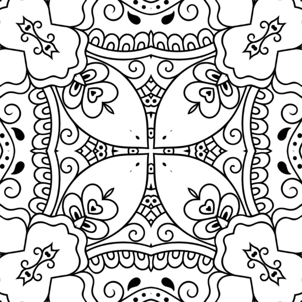 Playful symmetrical mandala with intricate swirls, rounded forms, and stylized leaf elements, ideal for imaginative coloring and stress relief.
