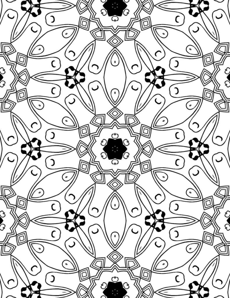 Black and white mandala with looping swirls, diamond shapes, and abstract floral elements, perfect for imaginative coloring.