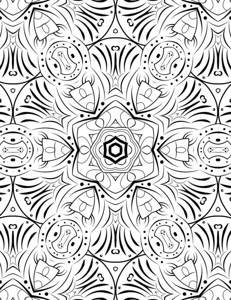 Detailed floral mandala coloring page for adults, stress relief art, printable meditation design