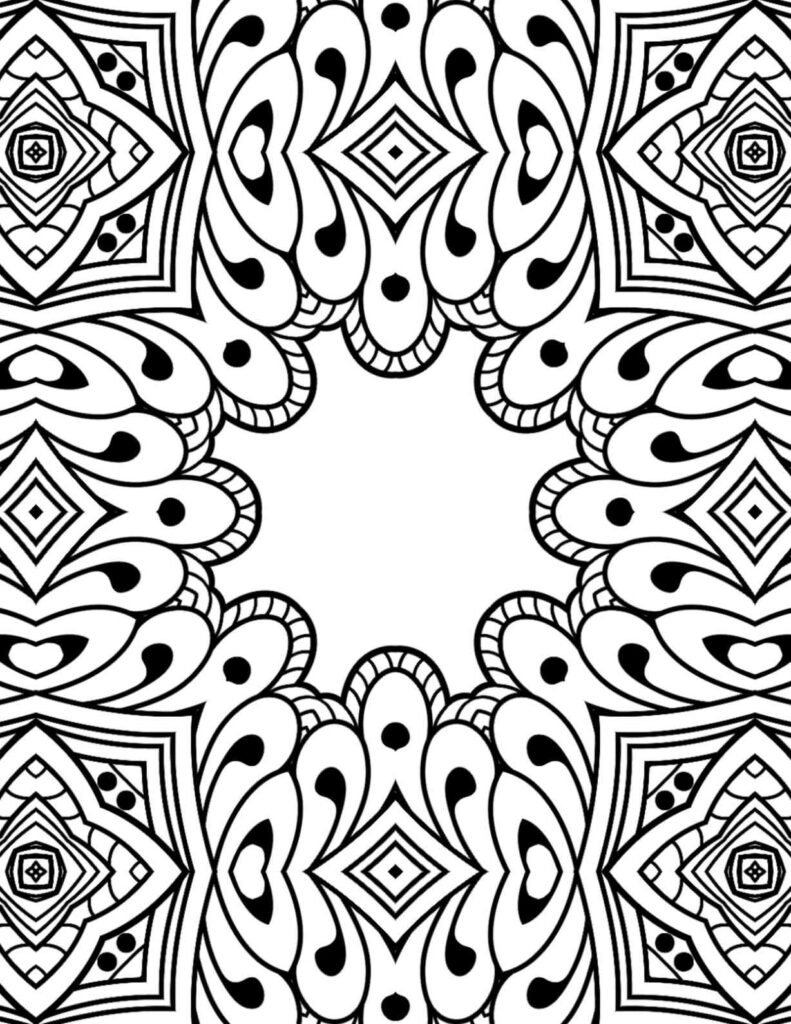 Intricate mandala design with swirling petal-like forms and geometric accents, perfect for adult coloring and mindful relaxation.