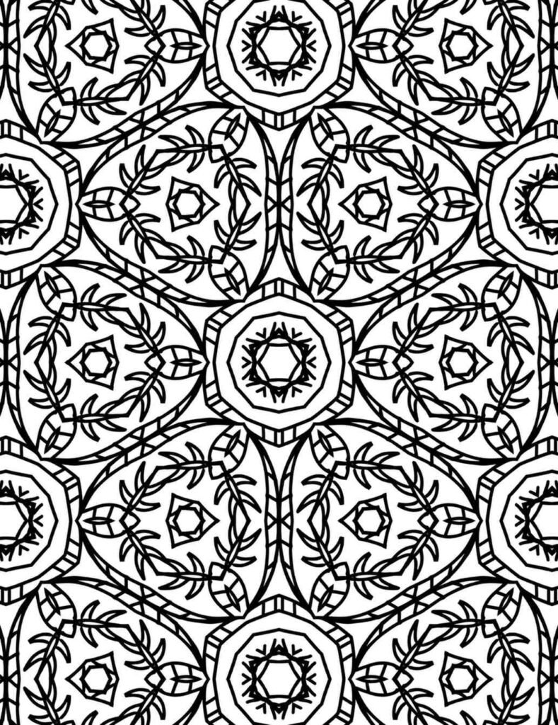 Intricate mandala coloring page with botanical patterns, nature-inspired geometric design for relaxation.