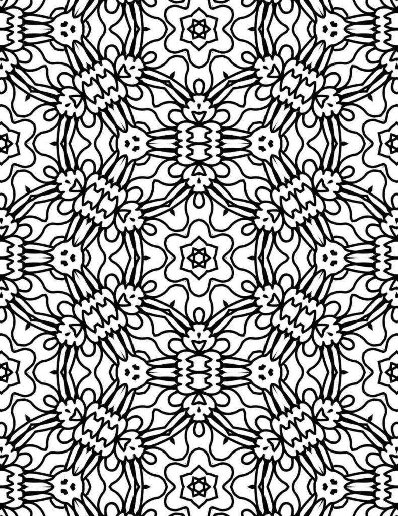 Detailed black and white mandala coloring page with flowing, organic vine-like patterns and repeating star motifs, ideal for relaxation and artistic expression.