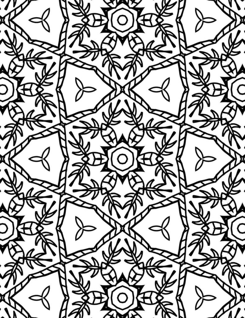Snowflake and leaf pattern mandala coloring page for adults, intricate geometric design for meditation and relaxation.