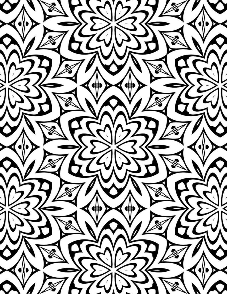 Intricate black and white multi-petaled floral repeating mandala pattern for adults to color
