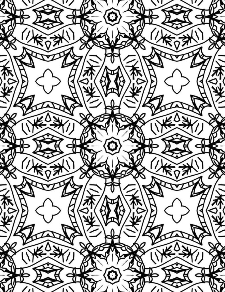 Complex symmetrical mandala coloring page with repeating star and leaf-like patterns, excellent for stress reduction and creative mindfulness.