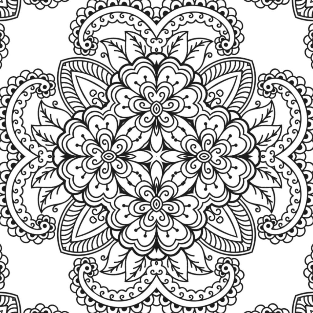 Detailed flower mandala coloring page for adults, intricate botanical patterns, relaxation art