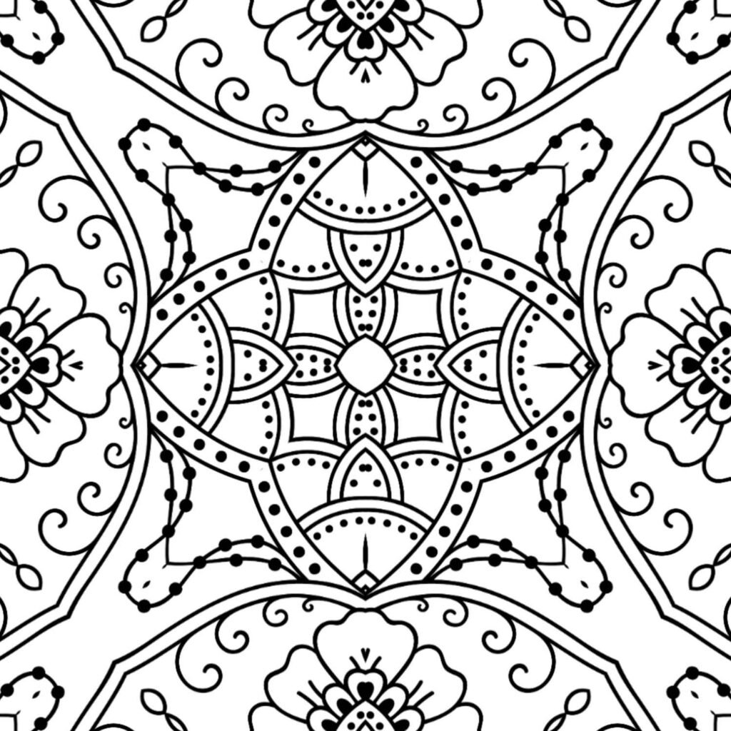 Detailed square mandala for coloring, featuring floral patterns and symmetrical design, ideal for relaxation.