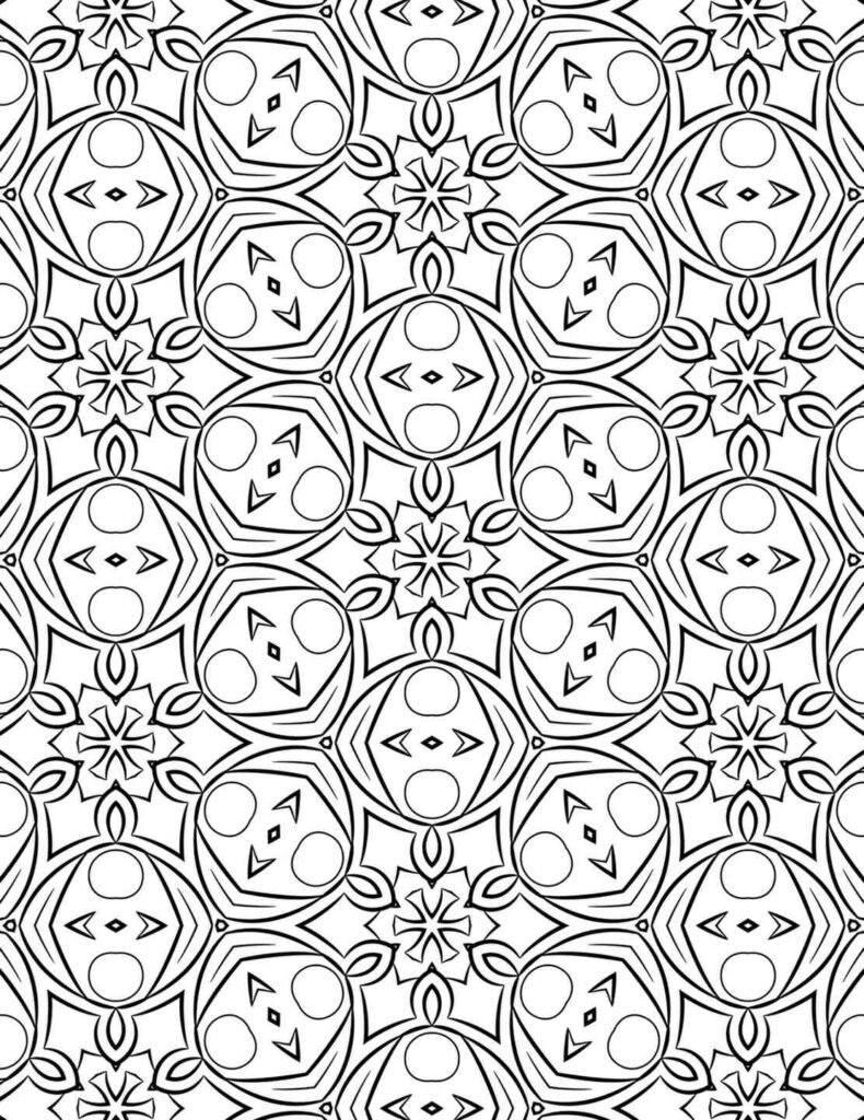 Symmetrical geometric mandala design for mindfulness coloring, featuring repeating patterns and intricate details