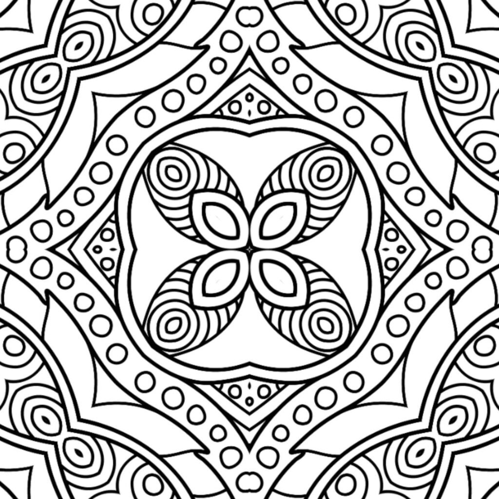 Symmetrical Zen petal and dot mandala coloring page, free printable for mindful relaxation and detailed artistic expression.
