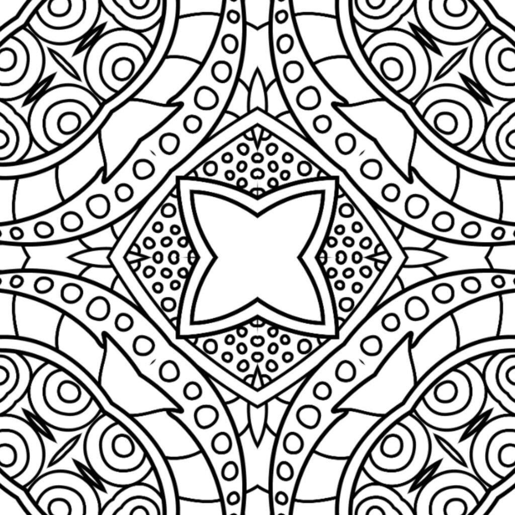 Symmetrical floral-inspired mandala coloring page with a central four-petal motif and intricate circular patterns