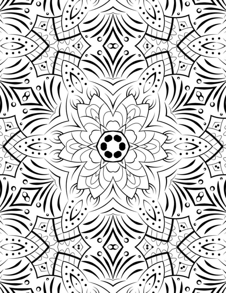 Elegant symmetrical floral mandala coloring page with a central six-petal design, intricate dot work, and flowing organic patterns, perfect for mindful art and relaxation.