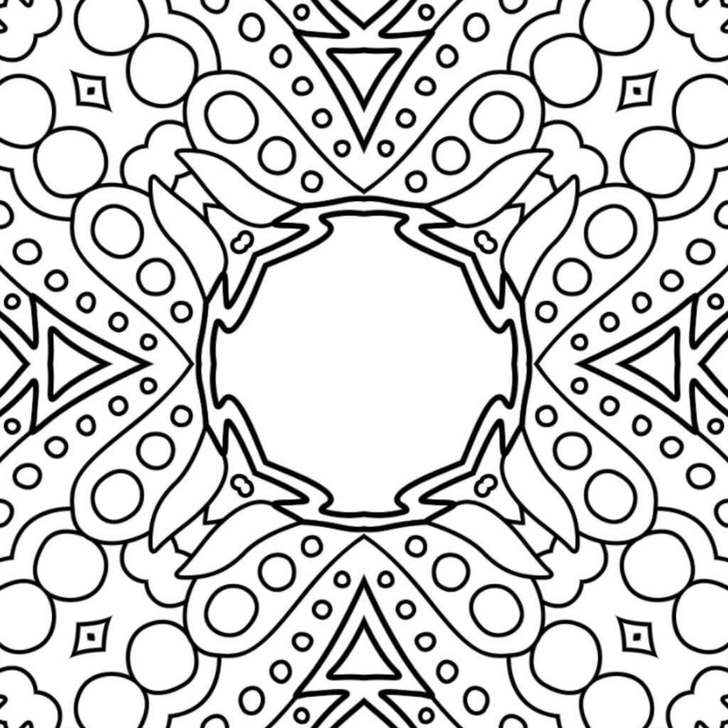Geometric and organic Zen Portal mandala coloring page, free printable for focus, relaxation, and artistic mindfulness.