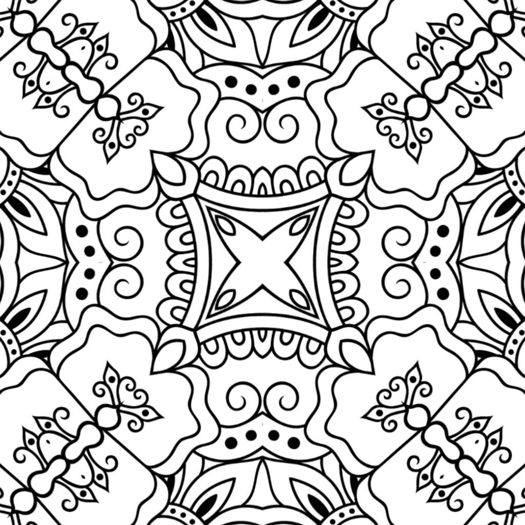 Symmetrical Zen-inspired mandala with intricate scrolls, peaceful arcs, and delicate floral accents, ideal for stress relief and mindful coloring.