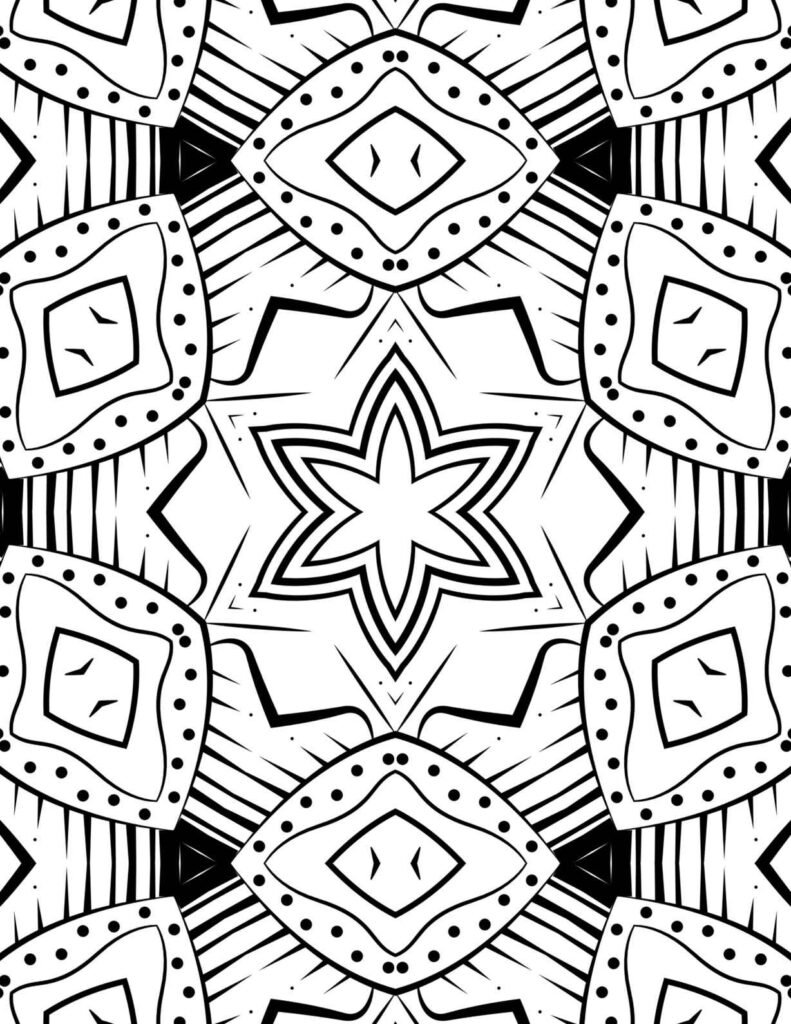 Symmetrical black and white geometric mandala featuring a central six-pointed star, radiating patterns, and intricate dotted elements, perfect for mindful coloring.