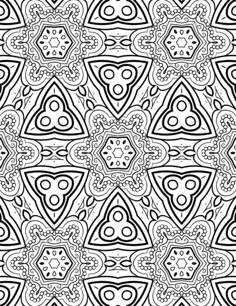 Abstract floral mandala coloring page, intricate geometric and floral patterns, adult mindfulness coloring design, unique printable art