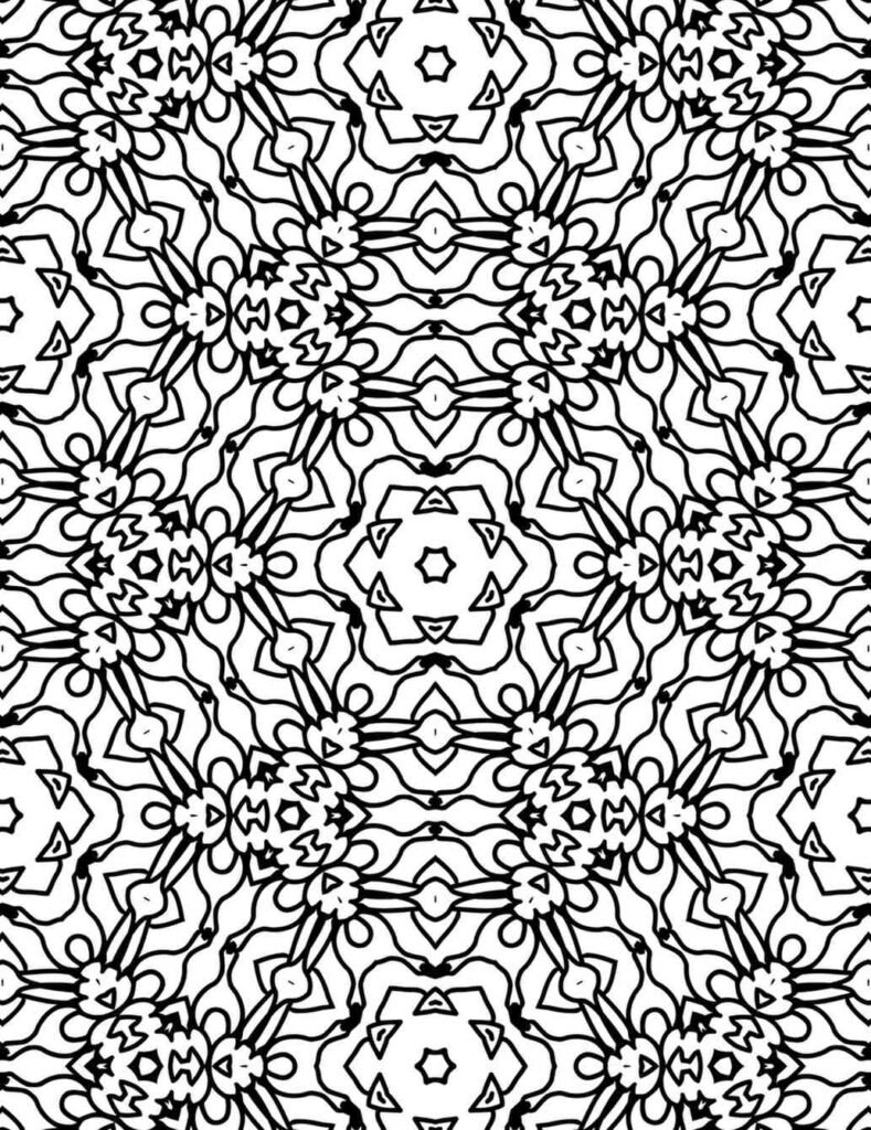 Black and white abstract mandala with petal-like shapes, wave patterns, and symmetrical design