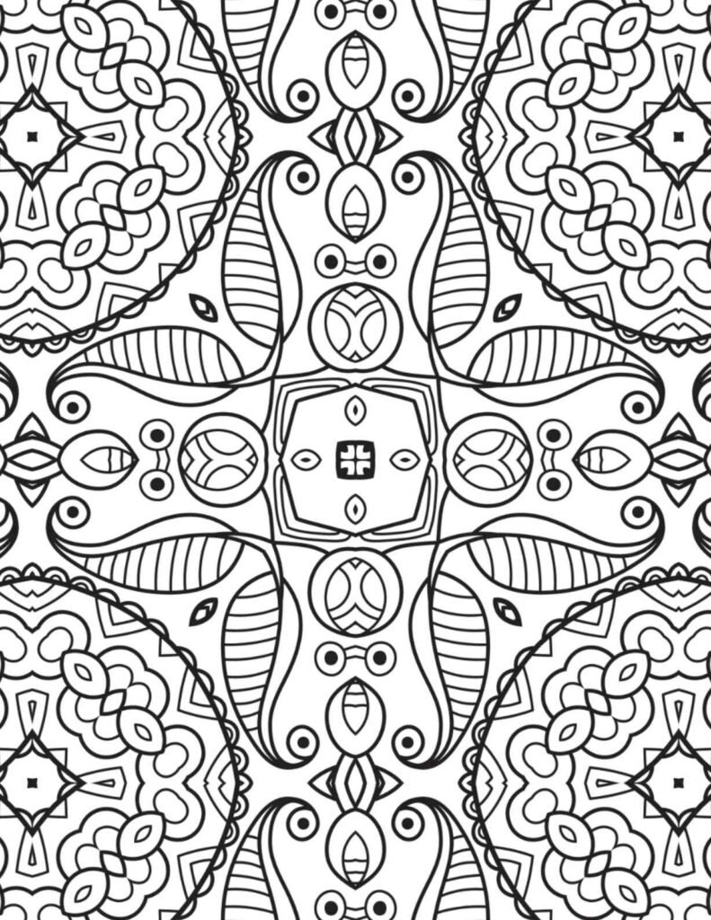 Symmetrical abstract leaf mandala coloring page with unique patterns, ideal for mindful art and relaxation.
