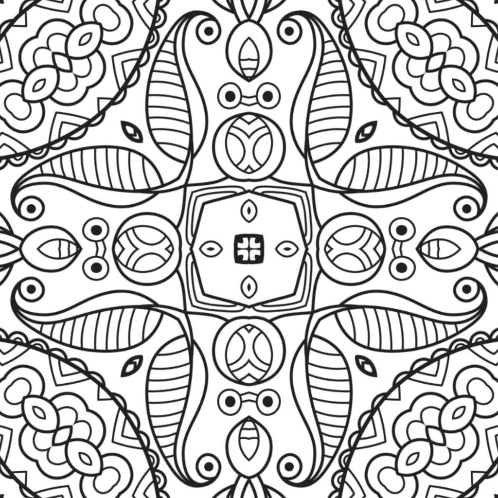 Unique abstract organic mandala with leaf-like shapes and intricate patterns, perfect for mindful coloring and artistic expression, available for free download.