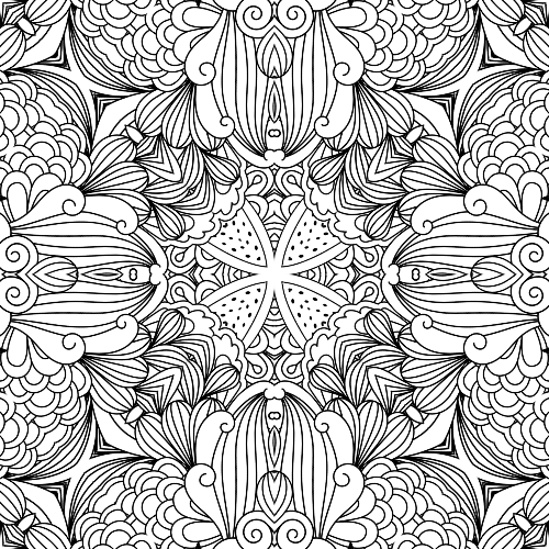 Intricate abstract mandala coloring page with a six-pointed star center and swirling, organic fractal-like patterns.