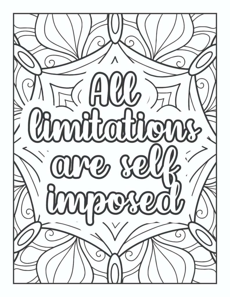 Motivational quote coloring page with "All Limitations Are Self-Imposed" text and bold, symmetrical mandala design