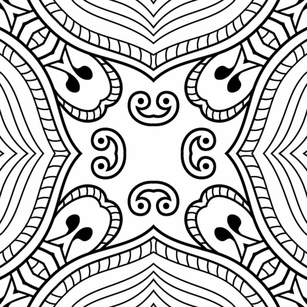Ancient swirl mandala, bold patterns, mindful coloring, stress relief art, tribal design