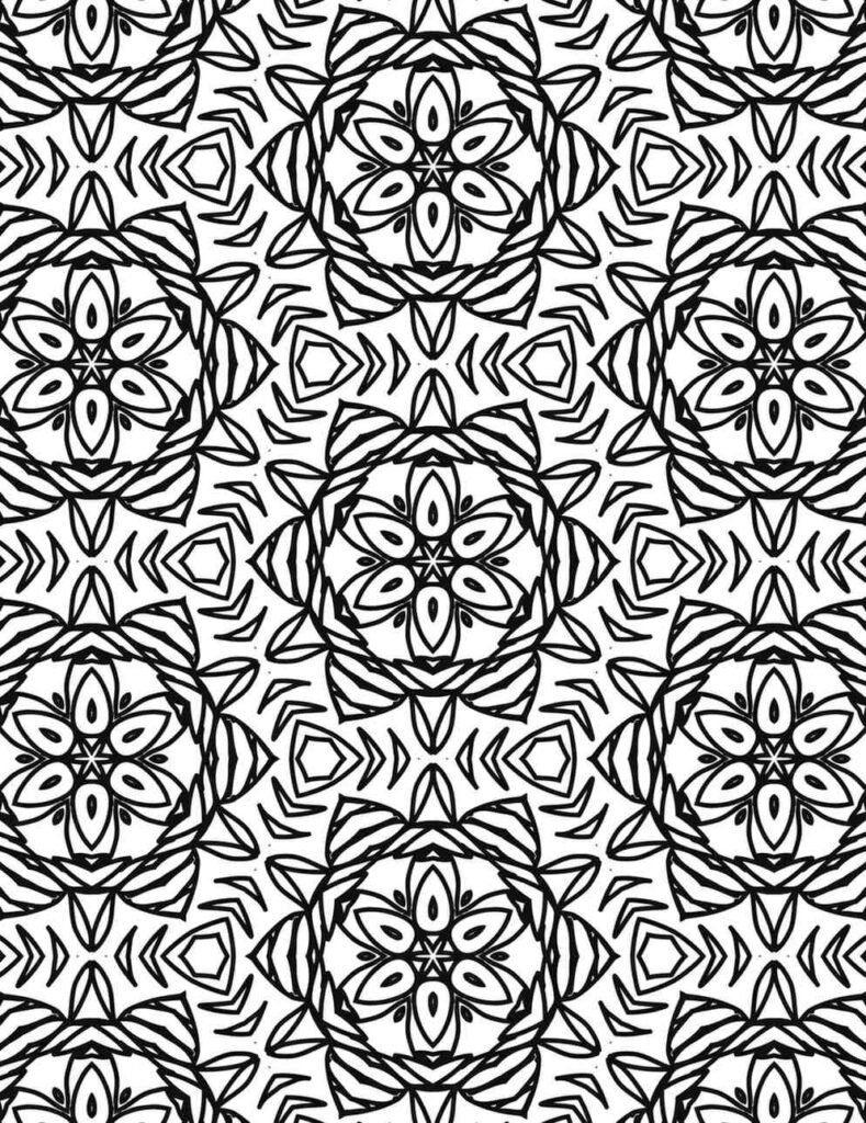 Black and white angular floral mandala with star-shaped petals and geometric patterns for coloring and relaxation