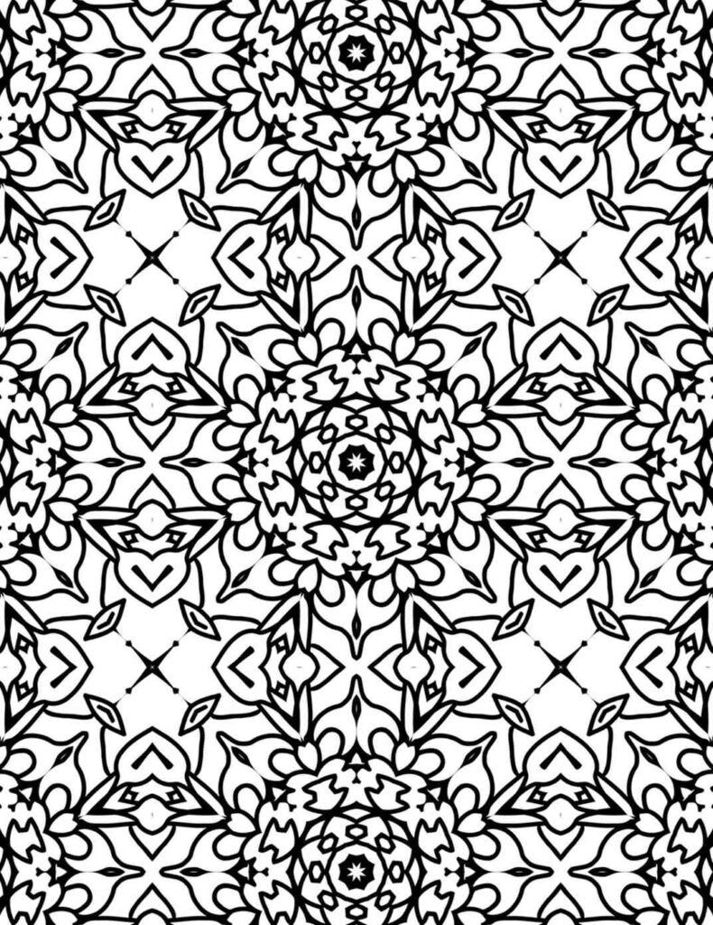 Ornate black and white arabesque-style mandala coloring page with intricate swirling patterns, floral motifs, and detailed symmetric elements, ideal for creative relaxation.