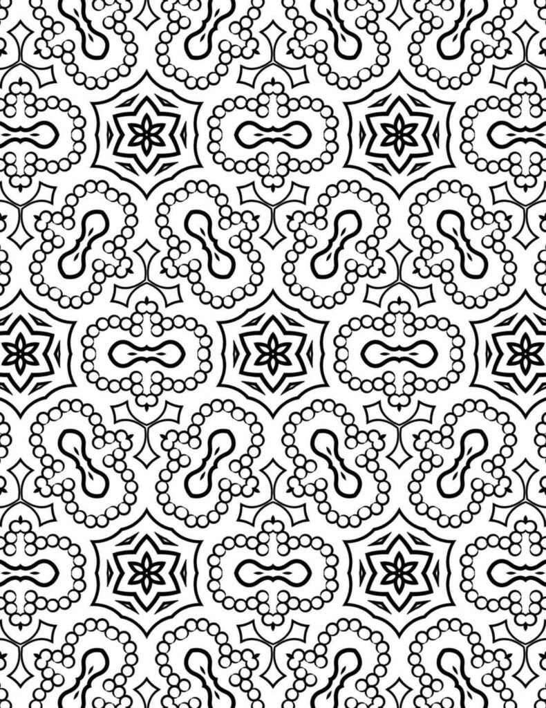 Detailed beaded star mandala pattern with six-pointed stars and interconnected loops filled with dots, ideal for mindful coloring and creative projects.