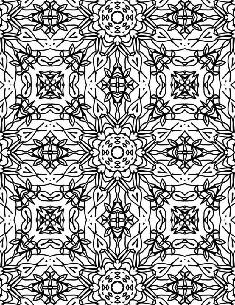 Intricate floral mandala coloring page with repeating bloom and leaf patterns, perfect for stress relief and mindfulness activities.