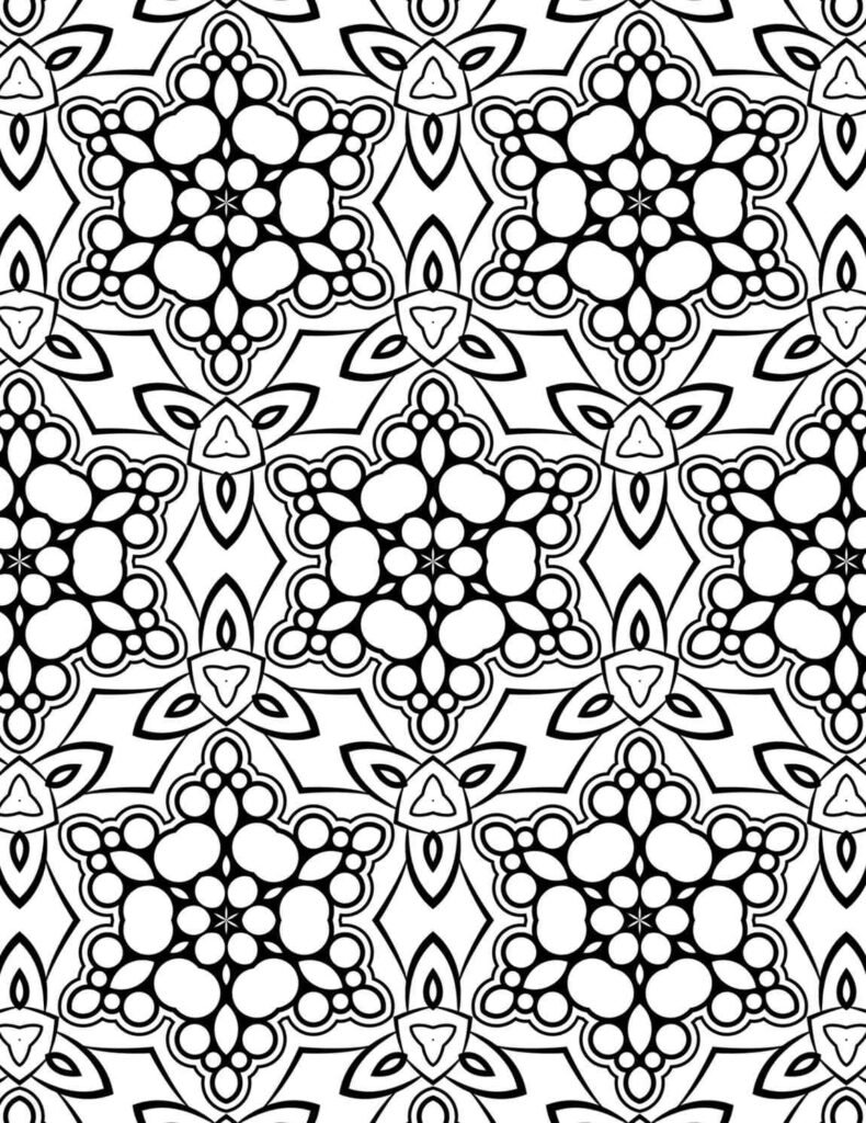 Intricate floral mandala pattern resembling blooming flowers and interlocking vines, ideal for coloring and mindfulness.