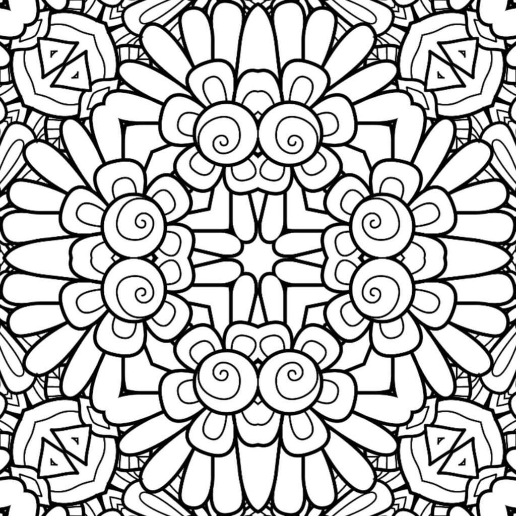 Detailed black and white mandala coloring page with large, rounded petals, central swirls, and repeating triangular patterns.
