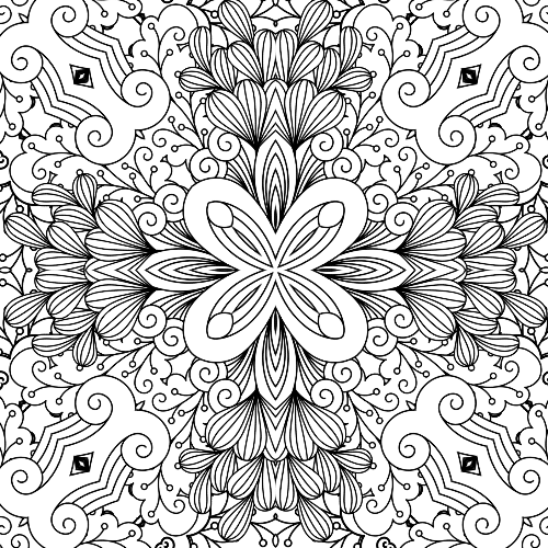 Detailed floral mandala coloring page with a central blossom design surrounded by intricate vines and organic patterns.