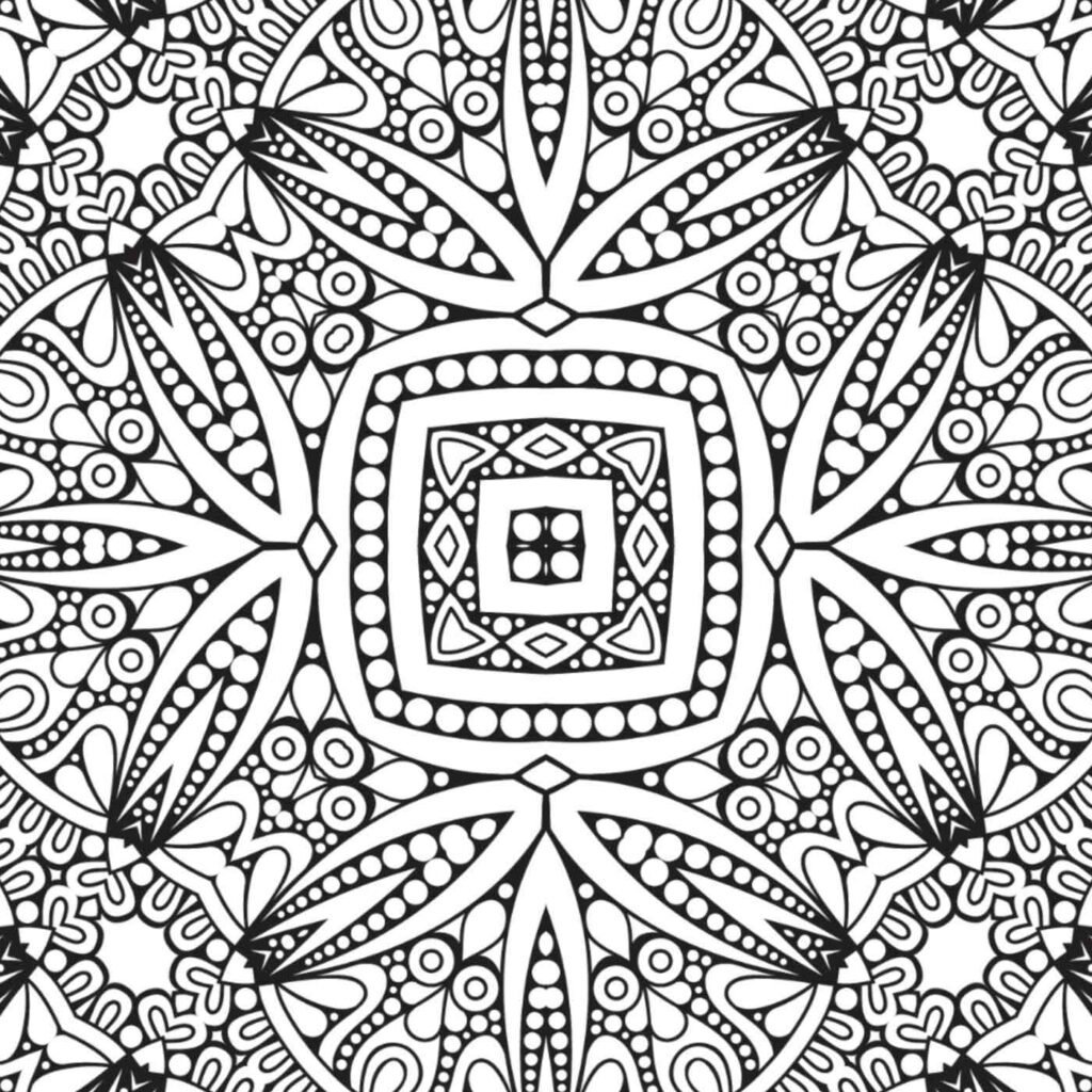 Blooming compass mandala with eight-pointed star formation, elaborate petal borders, curved flourishes, and detailed geometric center for adult coloring