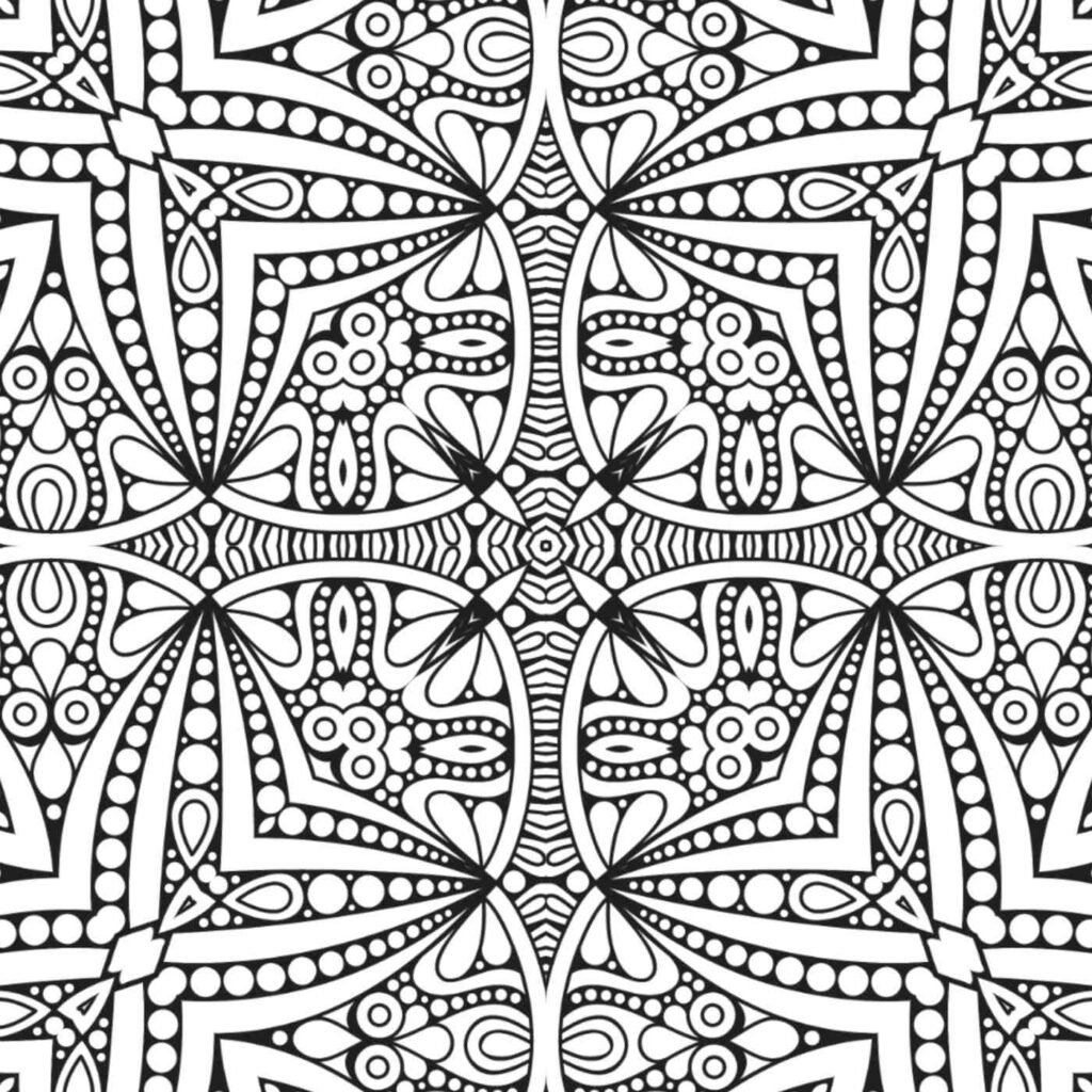 Intricate black and white mandala design featuring floral and geometric patterns, available for free download.