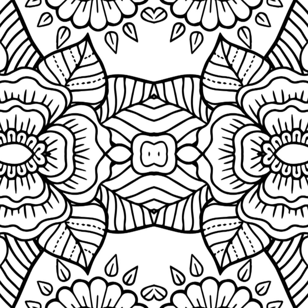 Detailed symmetrical mandala coloring page featuring large blooming flowers, intricate leaves, and a heart-like central motif, ideal for mindful adult coloring.