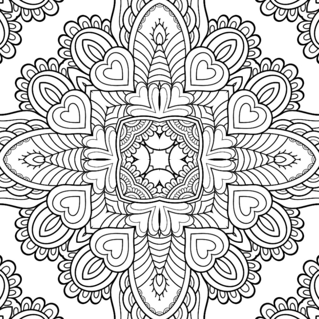 Intricate symmetrical mandala coloring page with multiple heart shapes and blossoming floral patterns