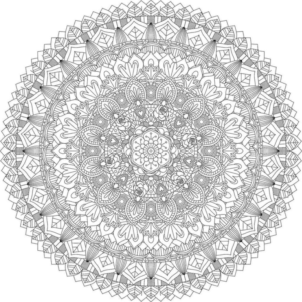 Intricate mandala design featuring floral and leaf elements in a circular, symmetrical pattern, available as a free coloring page.