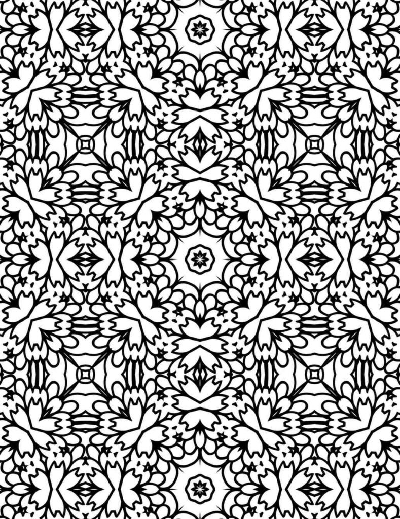 Detailed black and white mandala with repeating floral and abstract petal patterns, ideal for mindful coloring, stress relief, and creative projects.