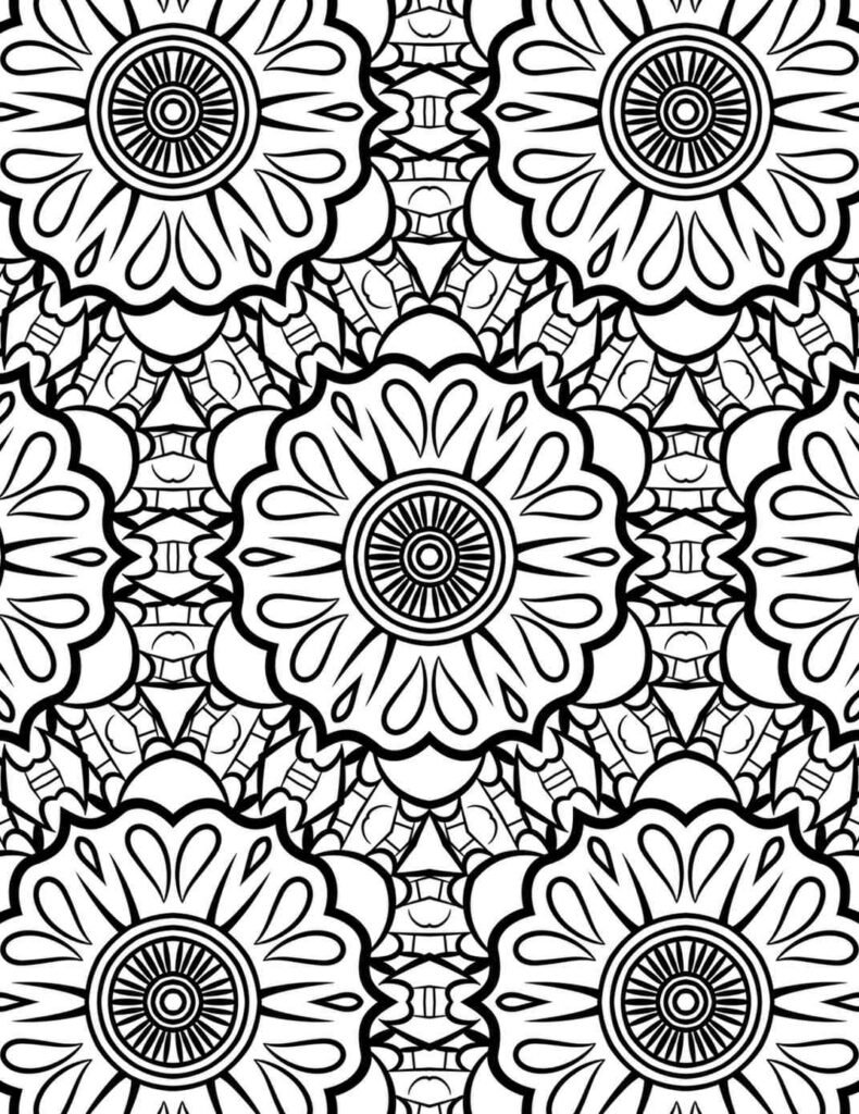 Beautiful floral mandala coloring page, repeating bloom patterns for mindful art and relaxation, intricate flower design printable