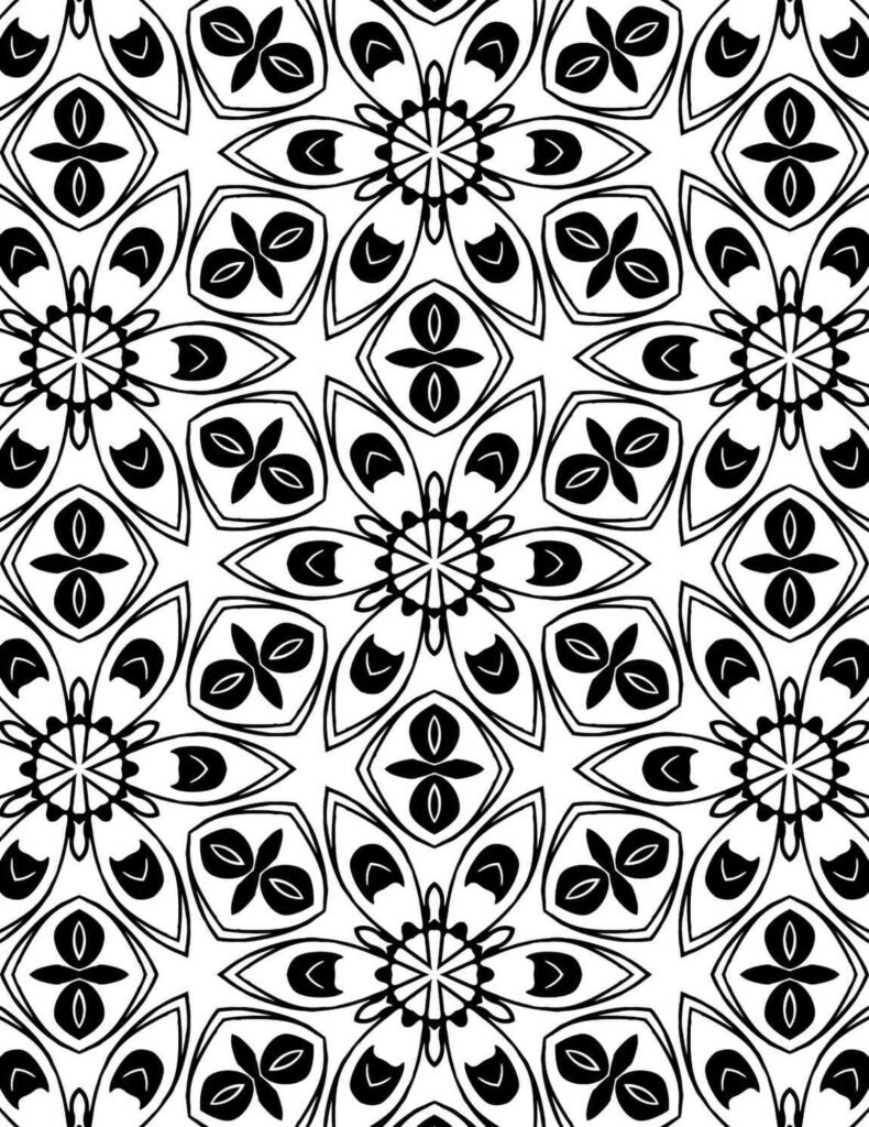 Symmetrical floral mandala pattern with repeating petal and geometric motifs, perfect for mindful coloring and creative expression.