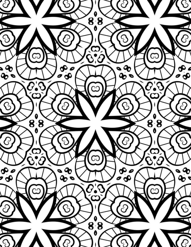 Floral mandala coloring page with swirling petals and organic shapes, ideal for calming mindfulness and artistic expression.
